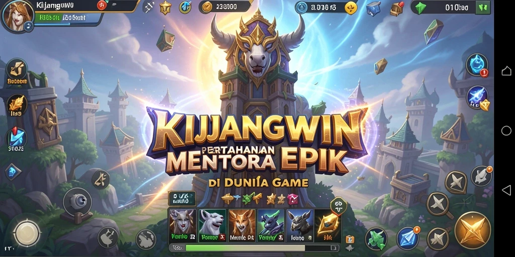 Tangkapan layar utama KIJANGWIN menampilkan aksi menara yang mendebarkan dan musuh yang datang.