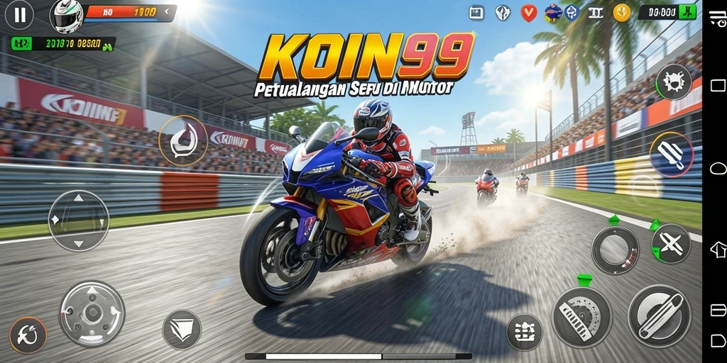 Screenshot gameplay KOIN99 menampilkan balapan motor yang seru dan mendebarkan.