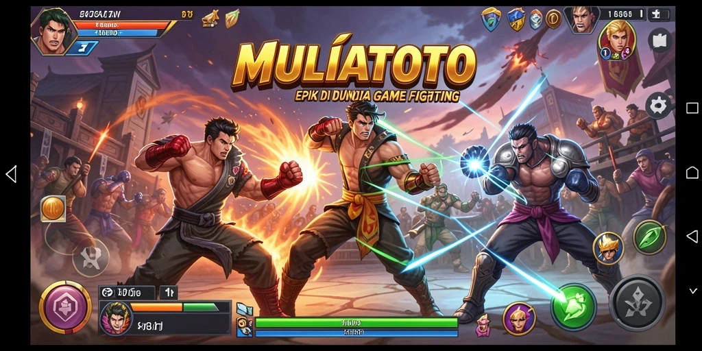 Tampilan gameplay MULIATOTO dengan pertarungan yang seru dan karakter unik.