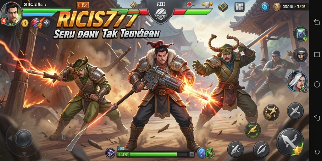 Screenshot utama RICIS77 menampilkan aksi bertarung yang intens.