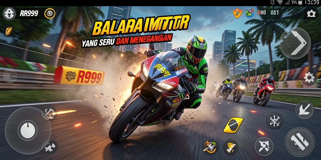 Screenshot gameplay menampilkan balapan motor yang intens dan mendebarkan.